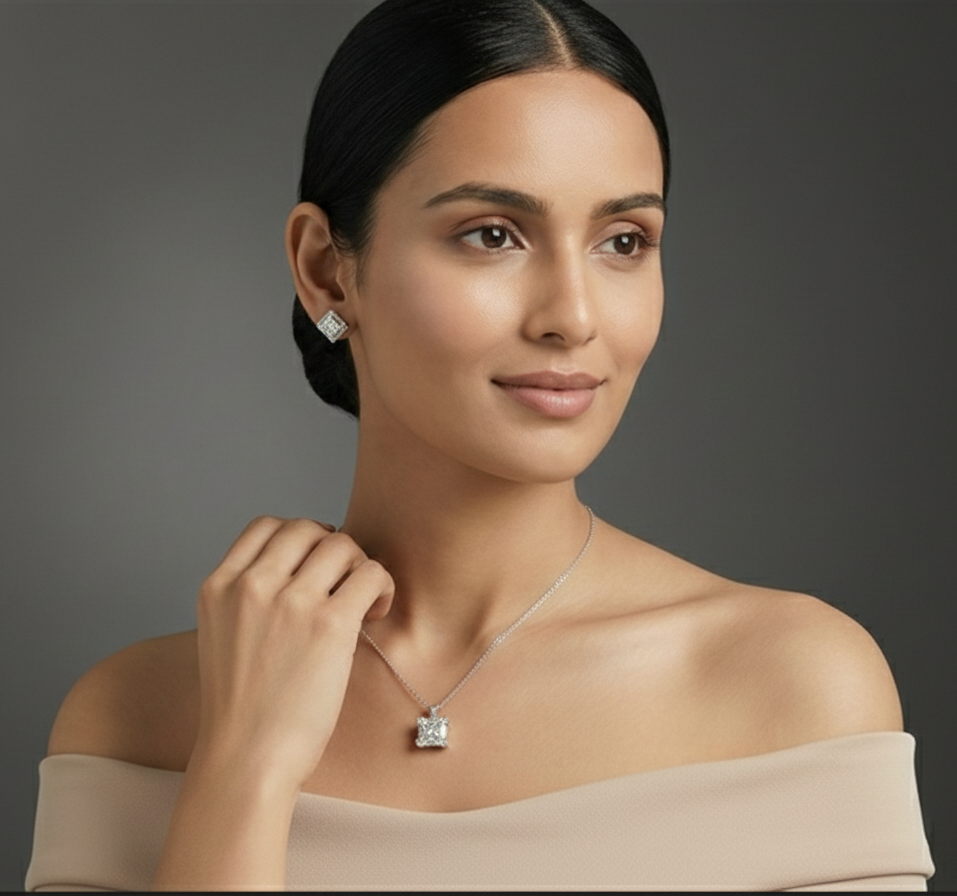 Lumina Mosaic Square Pendant & Earrings Combo Set for womens – Pure 925 Silver