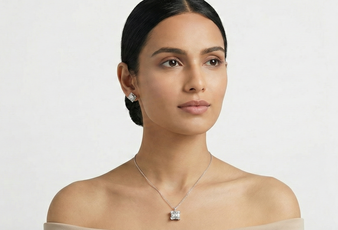 Lumina Mosaic Square Pendant & Earrings Combo Set for womens – Pure 925 Silver
