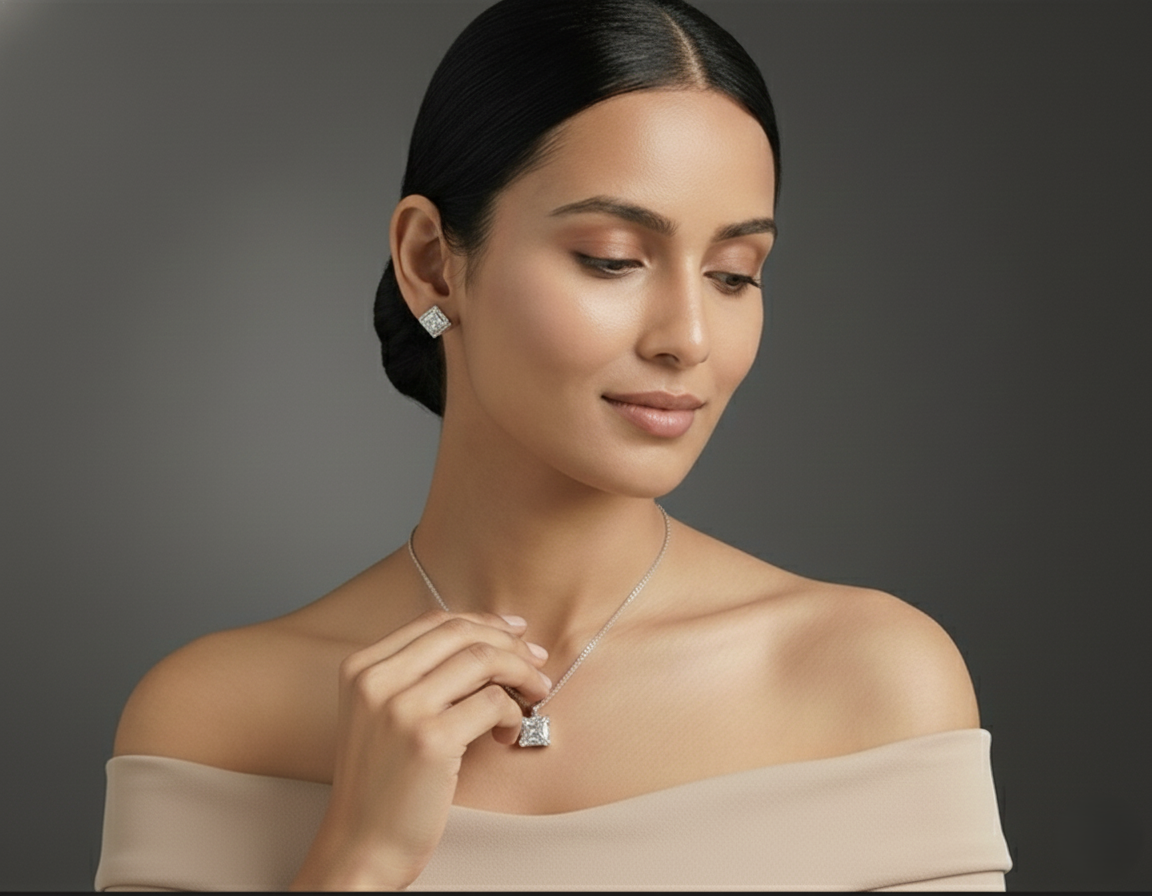 Lumina Mosaic Square Pendant & Earrings Combo Set for womens – Pure 925 Silver