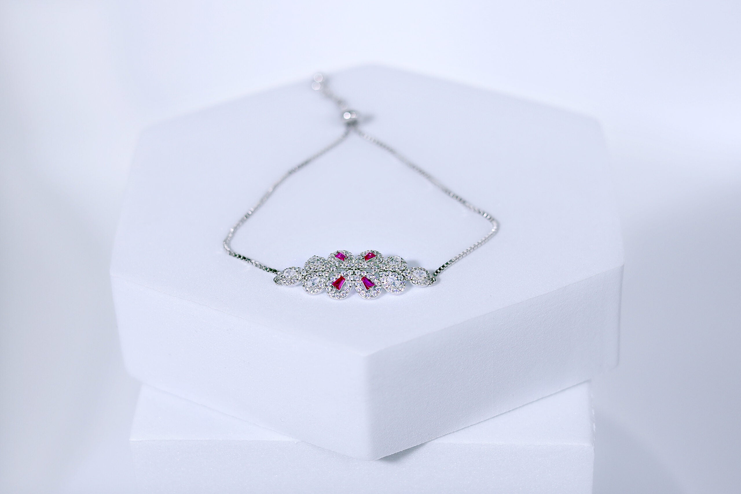 Rosette Pink Crystal Blossom Silver & Stone Bracelet for womens – Pure 925 Silver