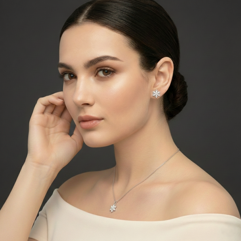Snowflake Cluster Pendant & Earrings Combo Set for womens – Pure 925 Silver