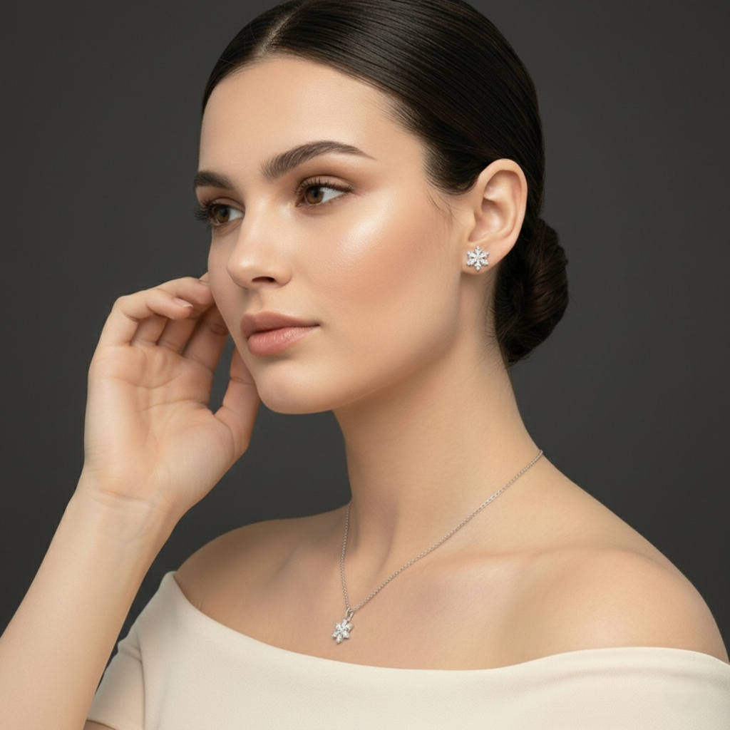 Snowflake Cluster Pendant & Earrings Combo Set for womens – Pure 925 Silver
