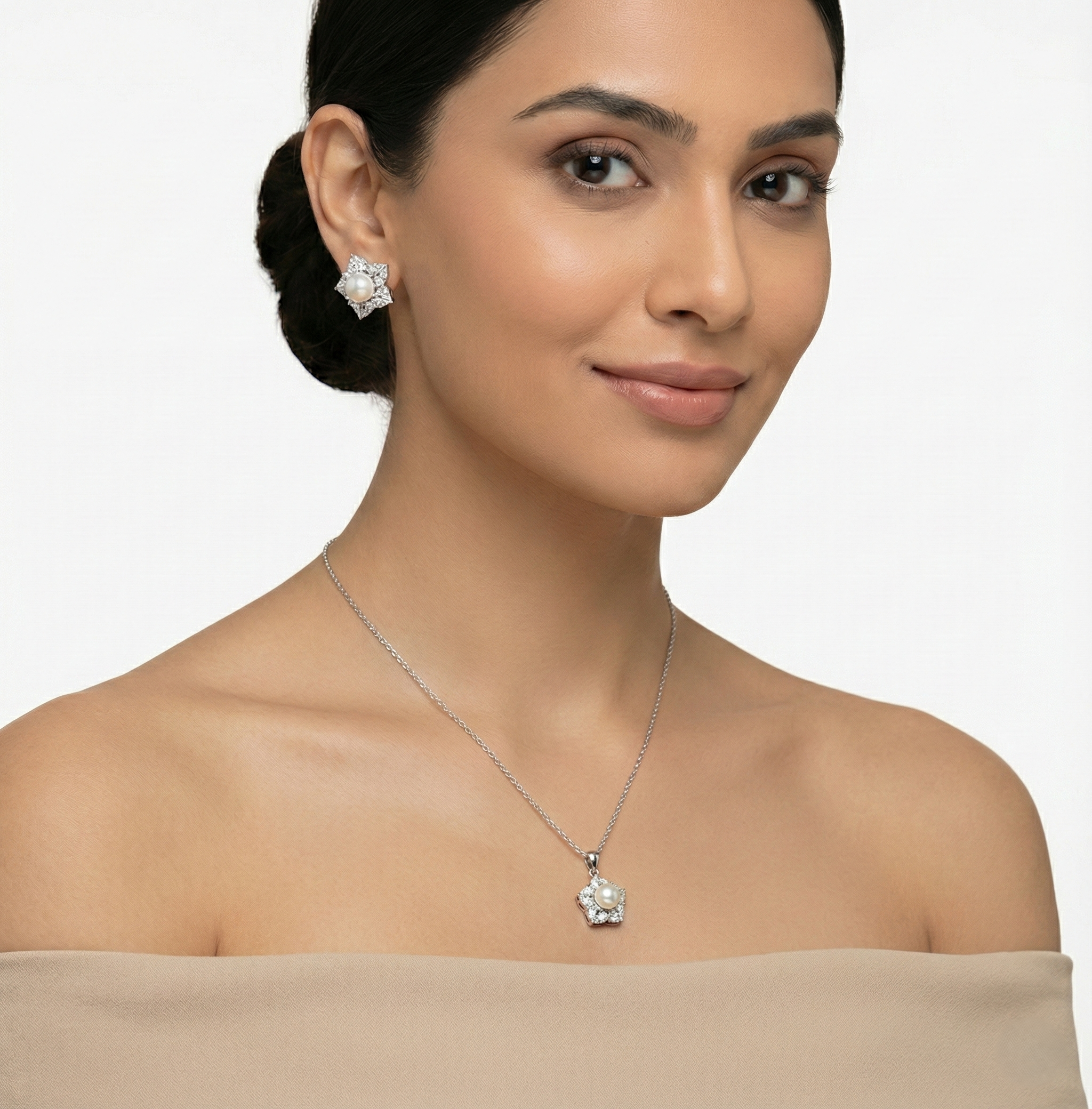 The Stellar Pearl Blossom Pendant & Earrings Combo Set for womens – Pure 925 Silver