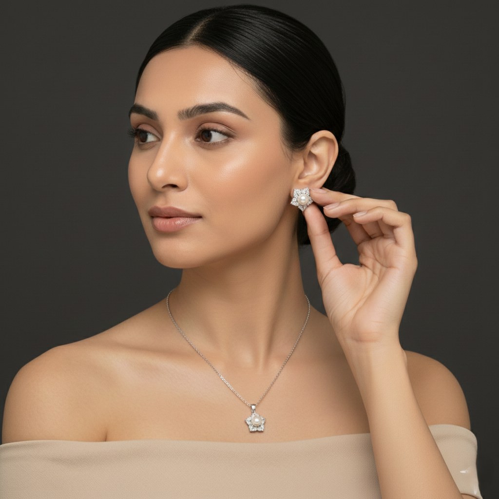 The Stellar Pearl Blossom Pendant & Earrings Combo Set for womens – Pure 925 Silver