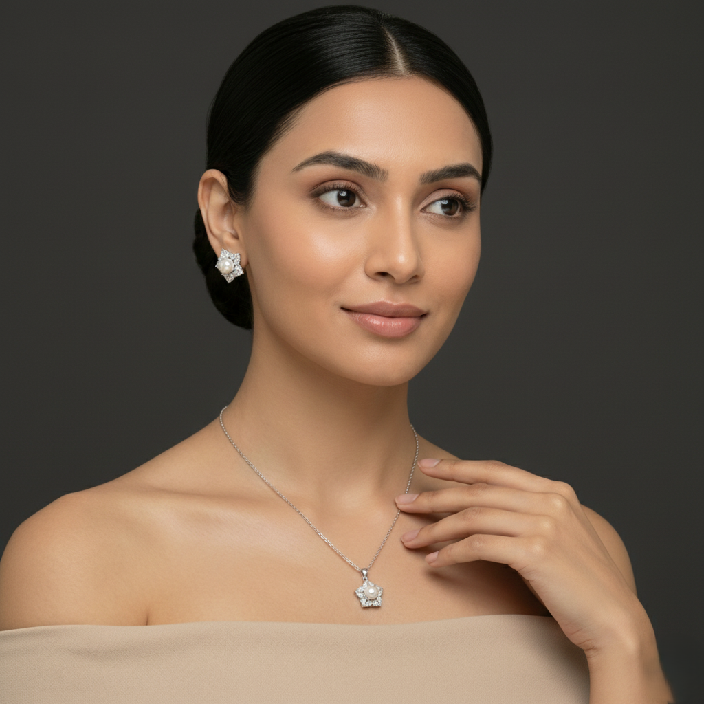 The Stellar Pearl Blossom Pendant & Earrings Combo Set for womens – Pure 925 Silver