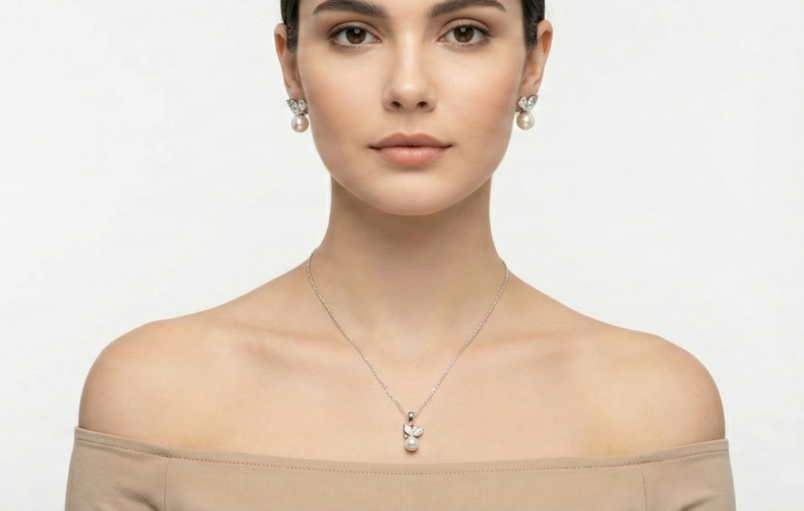 Leaf Pearl Drop Pendant & Earrings Combo Set for womens – Pure 925 Silver