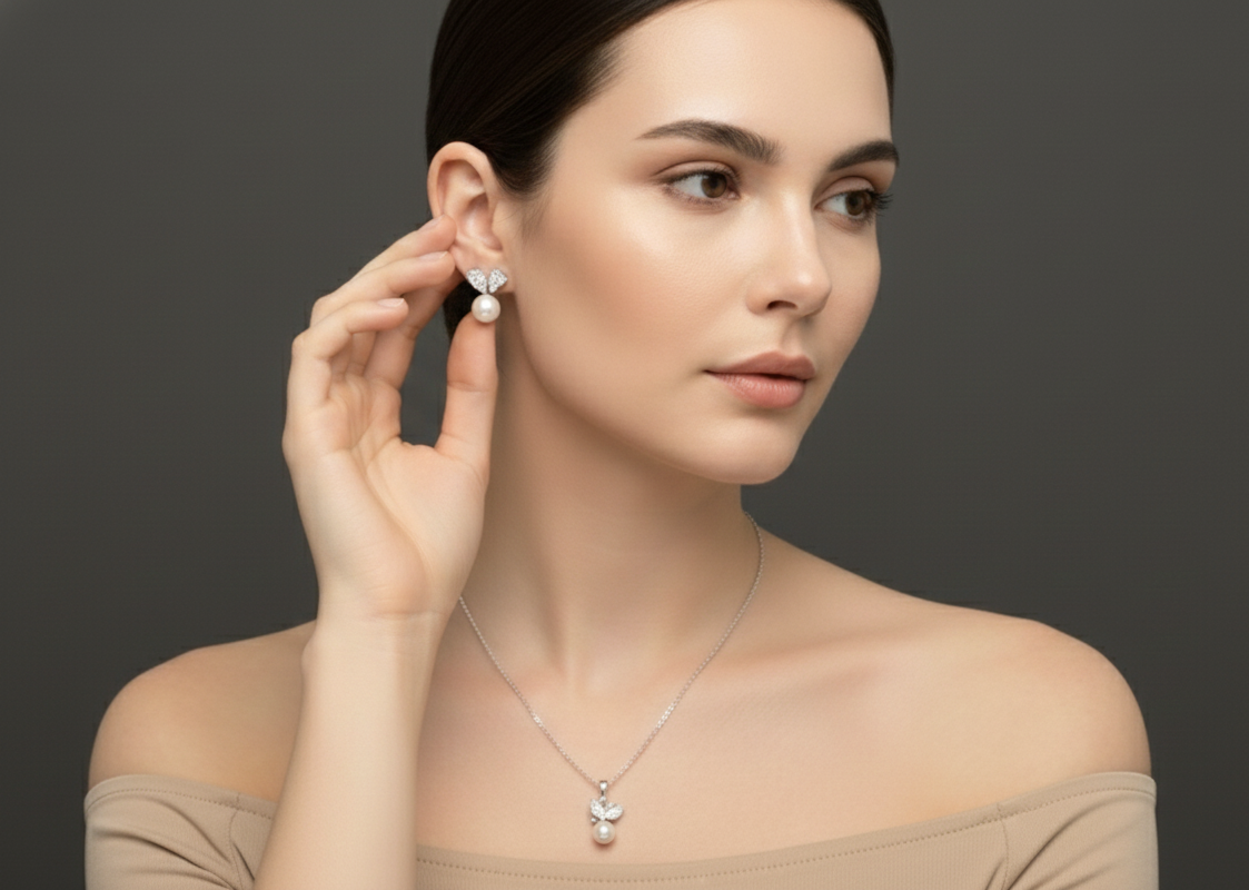 Leaf Pearl Drop Pendant & Earrings Combo Set for womens – Pure 925 Silver