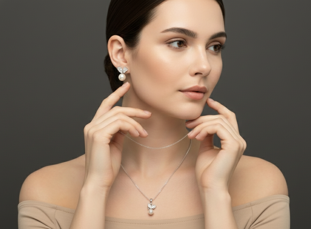 Leaf Pearl Drop Pendant & Earrings Combo Set for womens – Pure 925 Silver