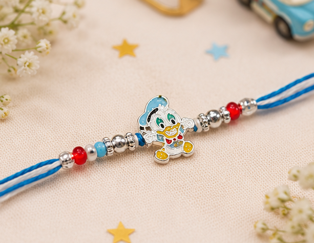 Donald Duck Charm Rakhi for Kids – Pure 925 Sterling Silver (Color of Thread May Vary)