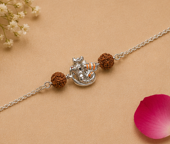 Shree Ganesha Blessings Rudraksha Rakhi – Pure 925 Sterling Silver