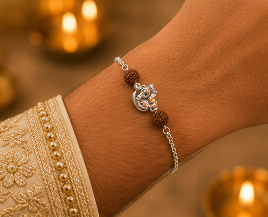 Shree Ganesha Blessings Rudraksha Rakhi – Pure 925 Sterling Silver