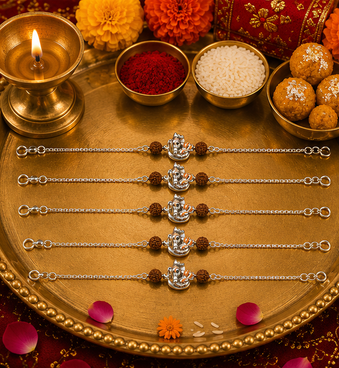 Shree Ganesha Blessings Rudraksha Rakhi – Pure 925 Sterling Silver