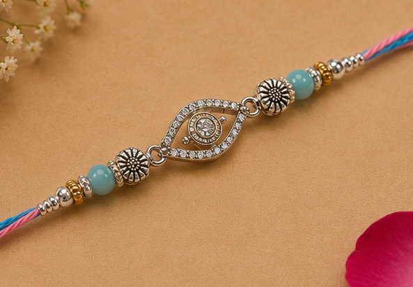 Divine Drishti Evil Eye Silver Rakhi – Pure 925 Sterling Silver (Color of Thread May Vary)