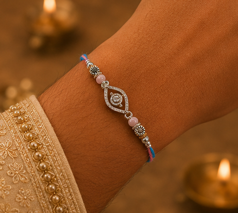 Divine Drishti Evil Eye Silver Rakhi – Pure 925 Sterling Silver (Color of Thread May Vary)