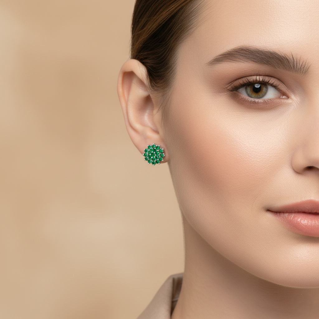 Green Emerald Pavé Cluster Stud Earrings for womens – Pure 925 Silver