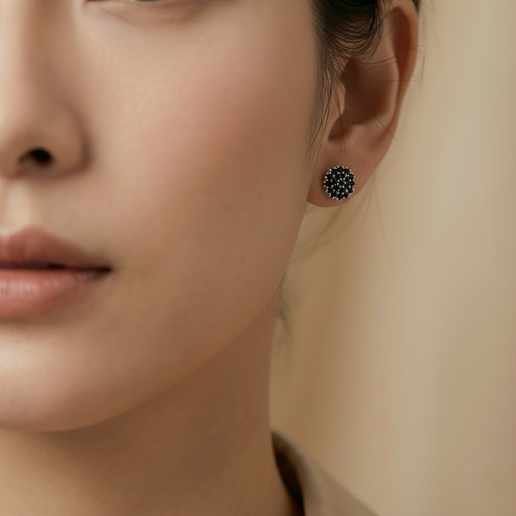 Black Diamond Pavé Dome Stud Earrings for Women – Pure 925 Silver
