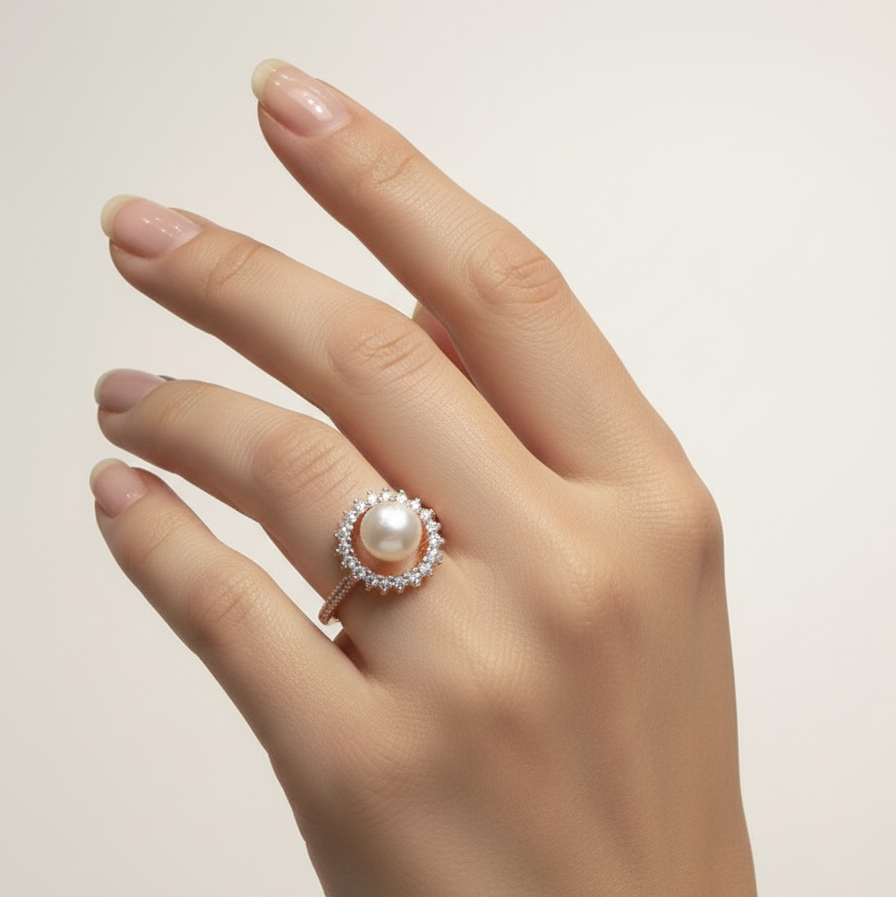 Regal Pearl Halo Ring for Women – Pure 925 Silver