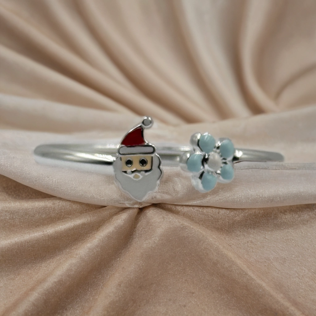 Jolly Santa floral Silver Kada for Kids (Pair-Set of Two) - Pure 925 Silver