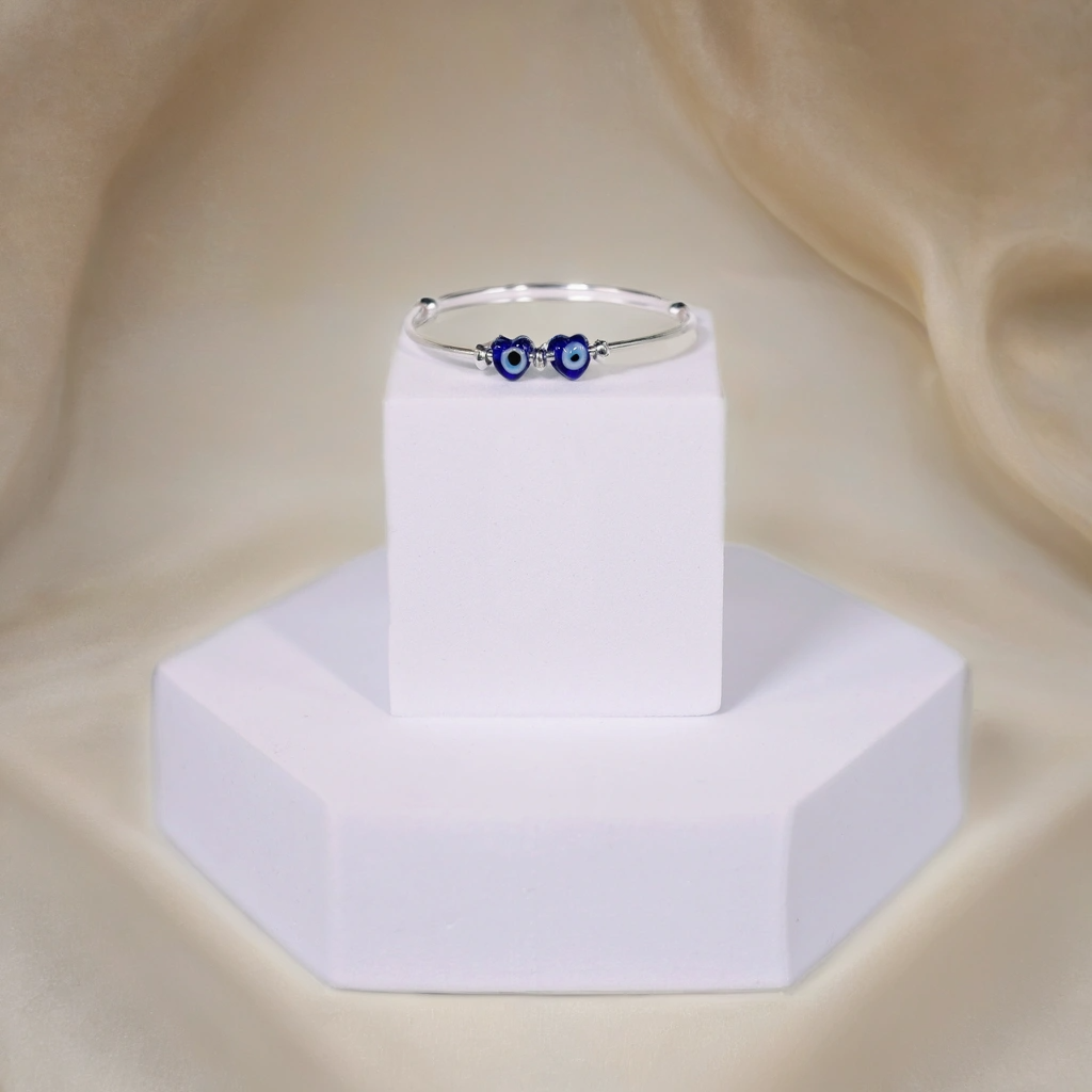 Twin Little Heart Evil Eye Silver Kada (Nazariya) for Kids (Pair-Set of Two) – Pure 925 Silver