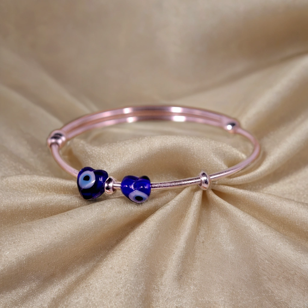Twin Little Heart Evil Eye Silver Kada (Nazariya) for Kids (Pair-Set of Two) – Pure 925 Silver