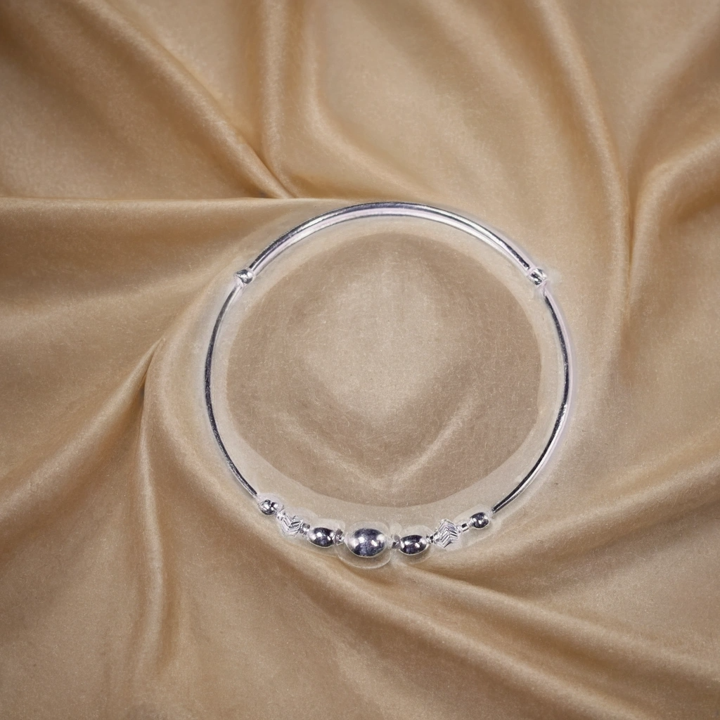 Shiny Beads Hoops Silver Kada for Kids (Pair-Set of Two) - Pure 925 Silver