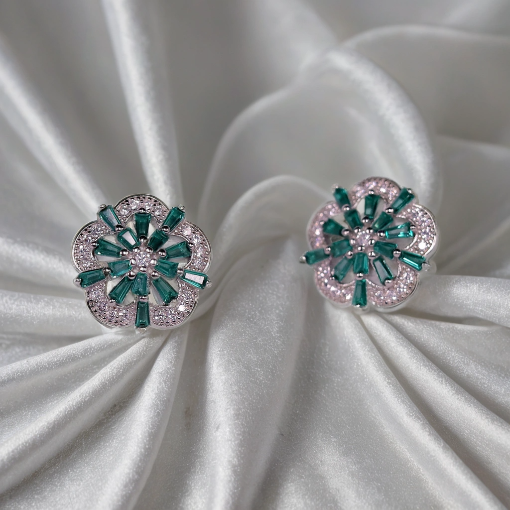 Emerald Petal Glow Earrings for Kids & women – Pure 925 Silver