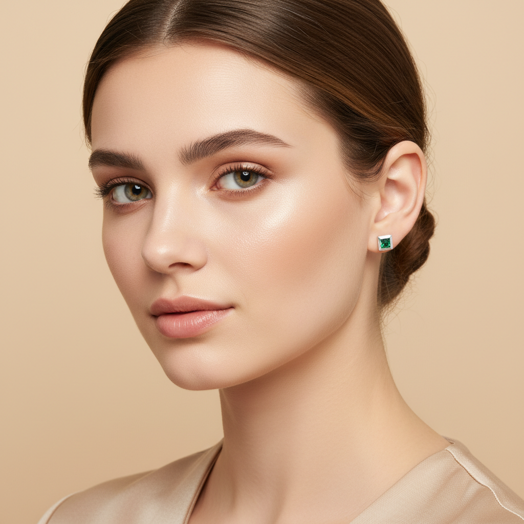 Green Square Emerald Studs Earring for womens – Pure 925 Silver