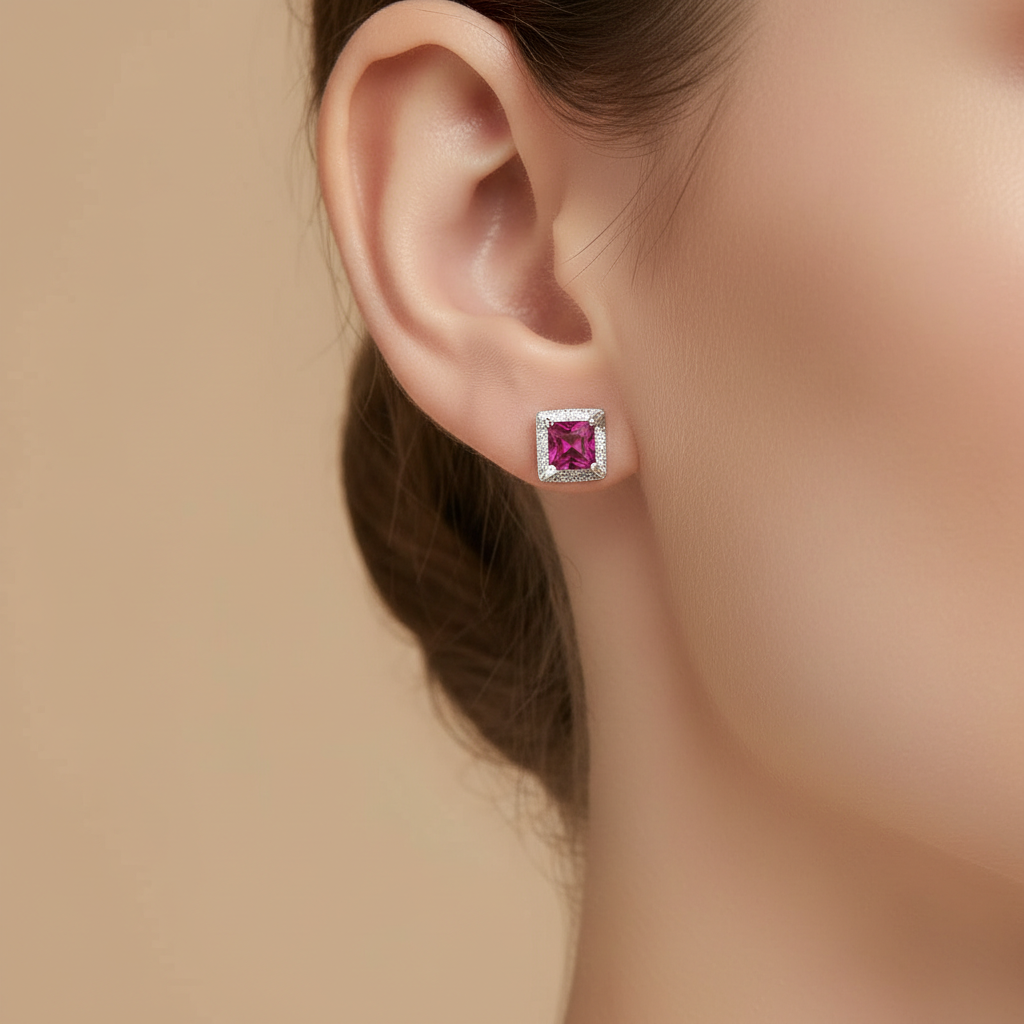 Red Square Ruby Studs Earring for womens – Pure 925 Silver