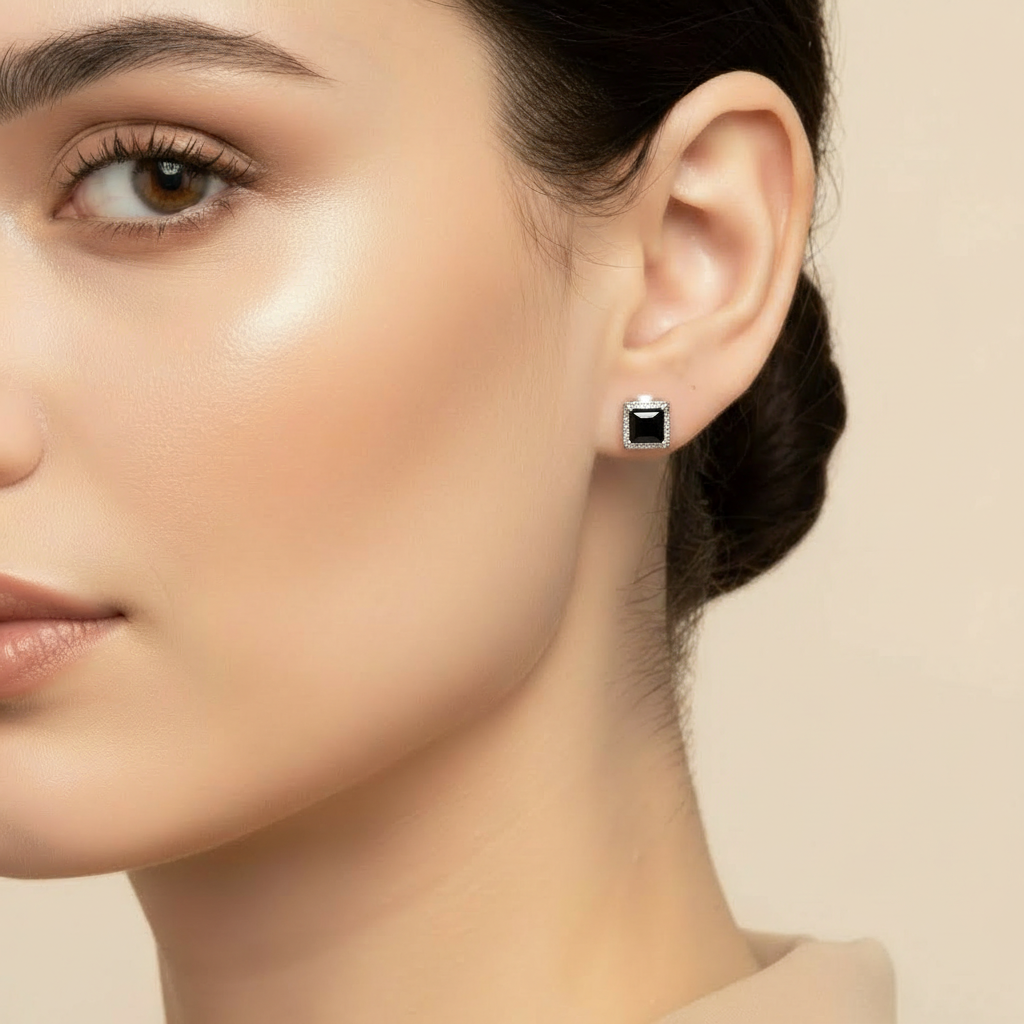 Black Square Onyx Studs Earring for womens – Pure 925 Silver