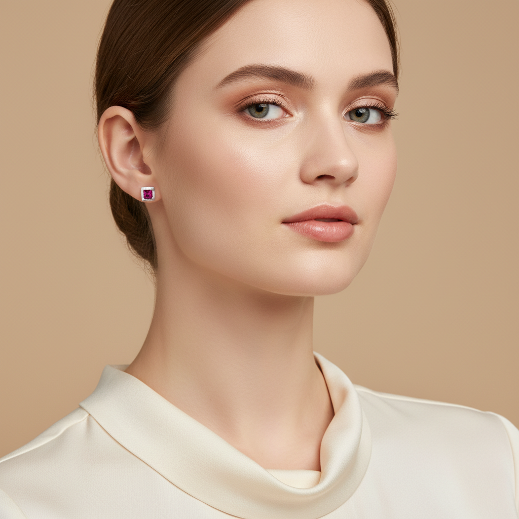 Red Square Ruby Studs Earring for womens – Pure 925 Silver