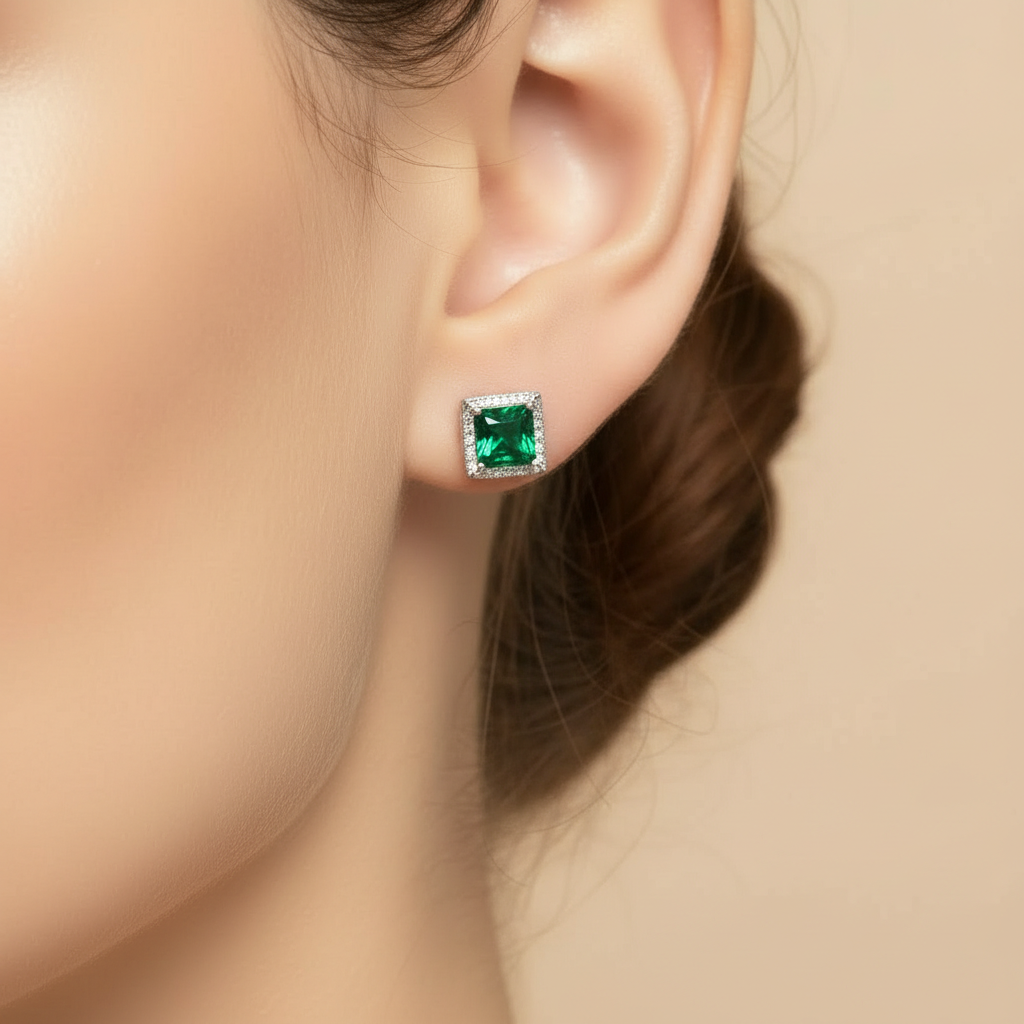 Green Square Emerald Studs Earring for womens – Pure 925 Silver