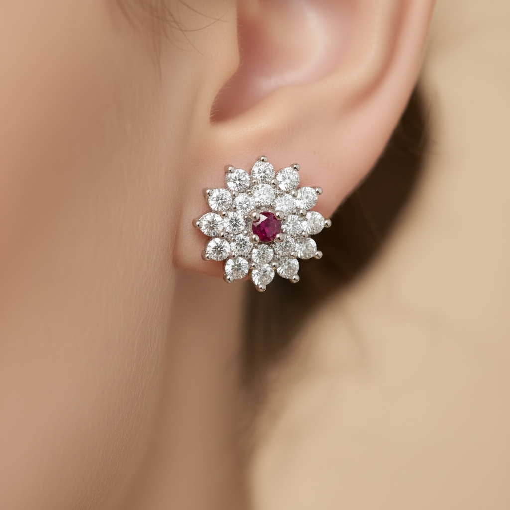 Ruby Bloom Stud Silver Earrings for womens – Pure 925 Silver