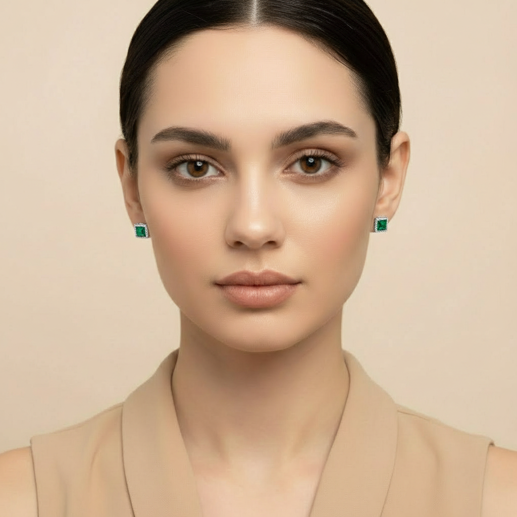 Green Square Emerald Studs Earring for womens – Pure 925 Silver