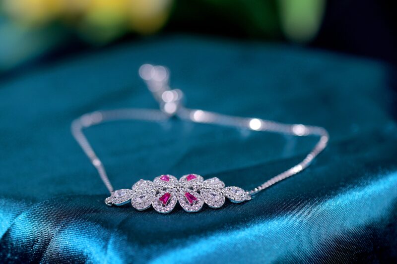 Rosette Pink Crystal Blossom Silver & Stone Bracelet for womens – Pure 925 Silver