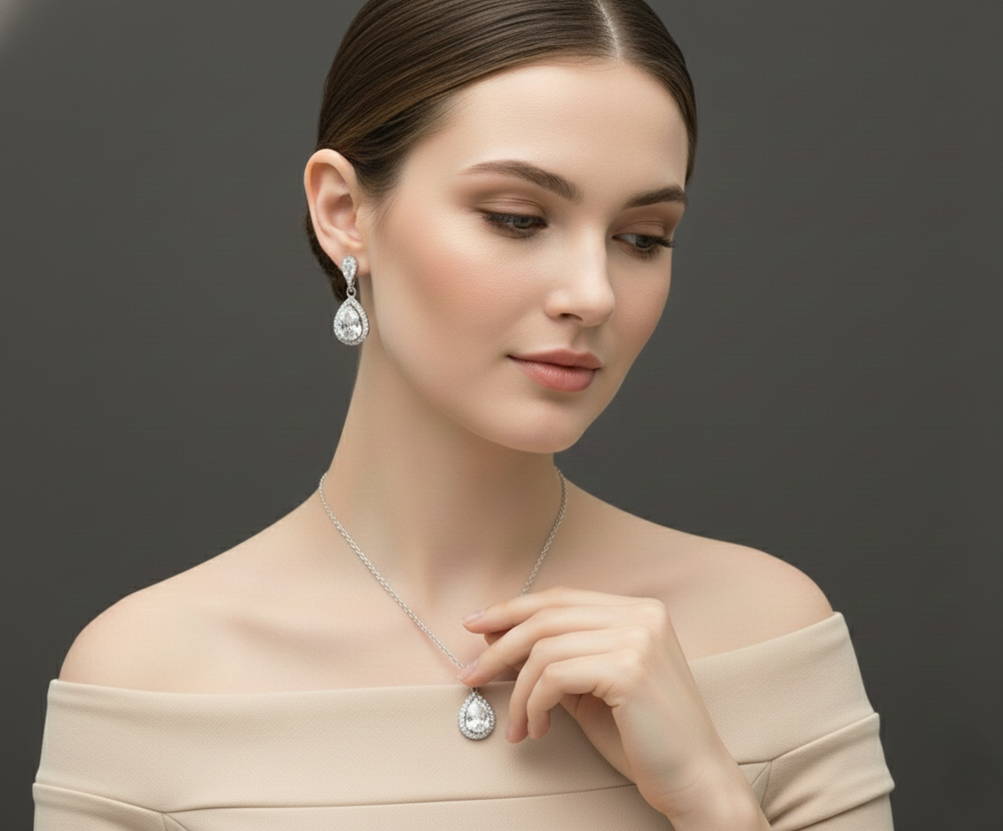 Lumière Pendulum Drops Pendant & Earrings Combo Set for womens – Pure 925 Silver - Image 2