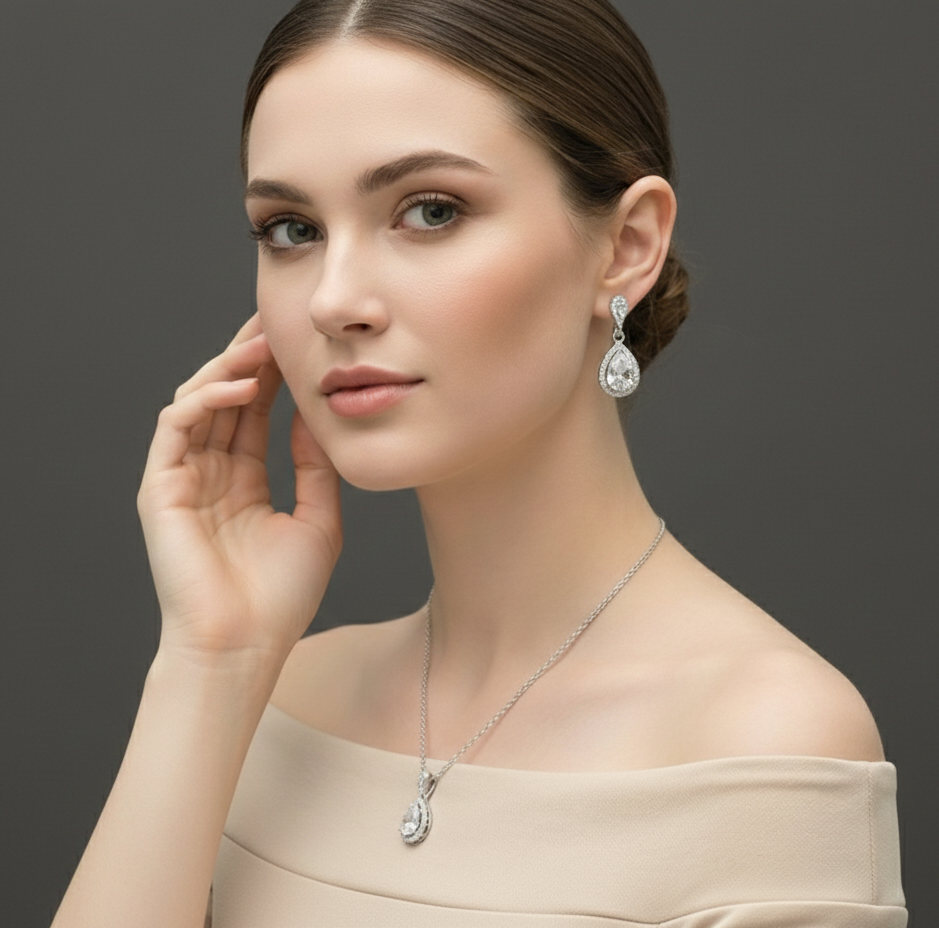 Lumière Pendulum Drops Pendant & Earrings Combo Set for womens – Pure 925 Silver - Image 3