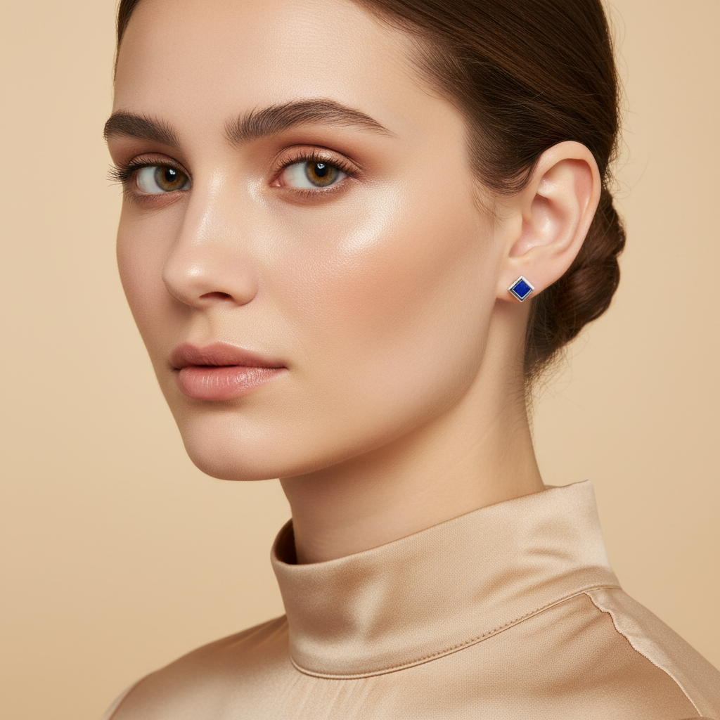 Blue Square Sapphire Studs Earring for womens – Pure 925 Silver - Image 2