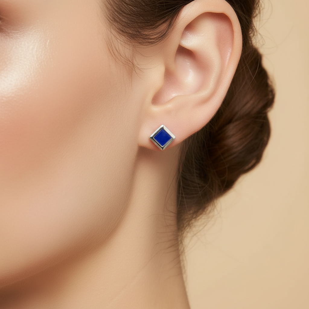 Blue Square Sapphire Studs Earring for womens – Pure 925 Silver - Image 3