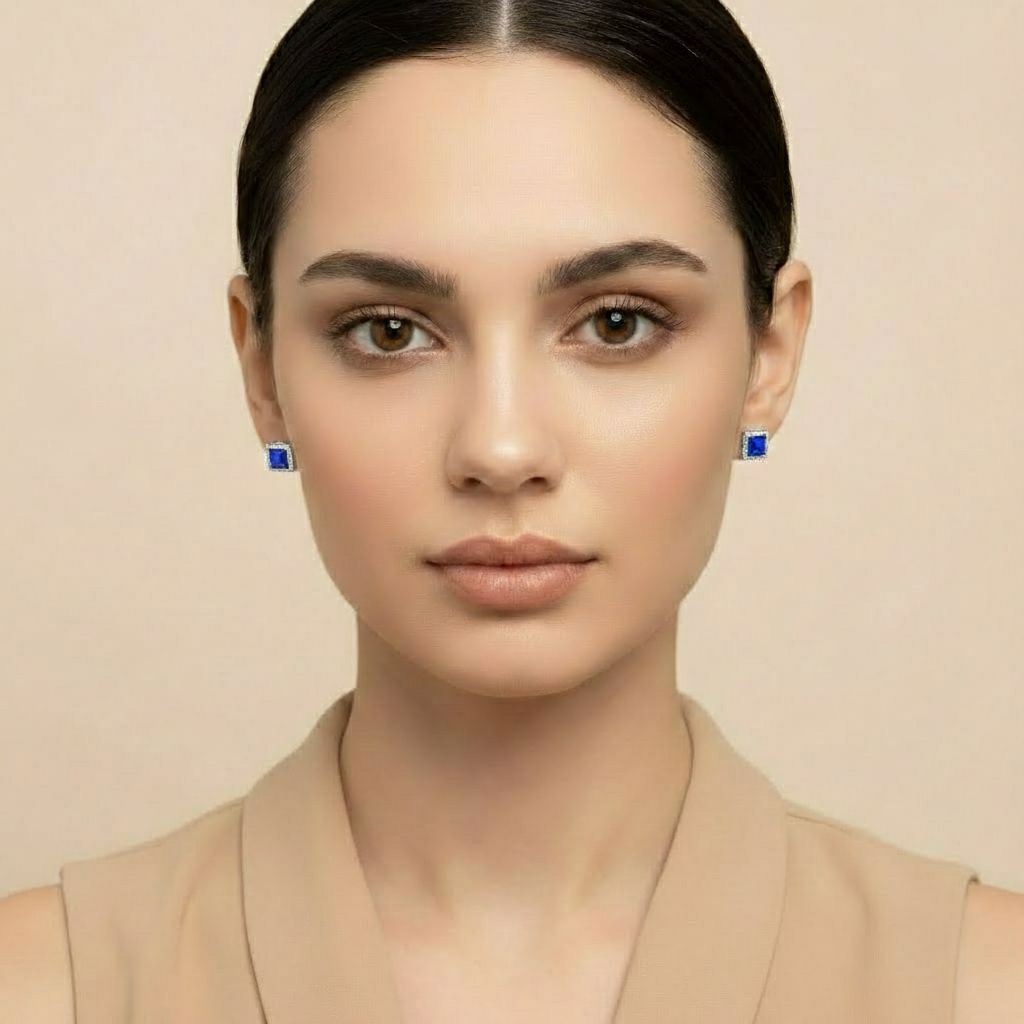 Blue Square Sapphire Studs Earring for womens – Pure 925 Silver