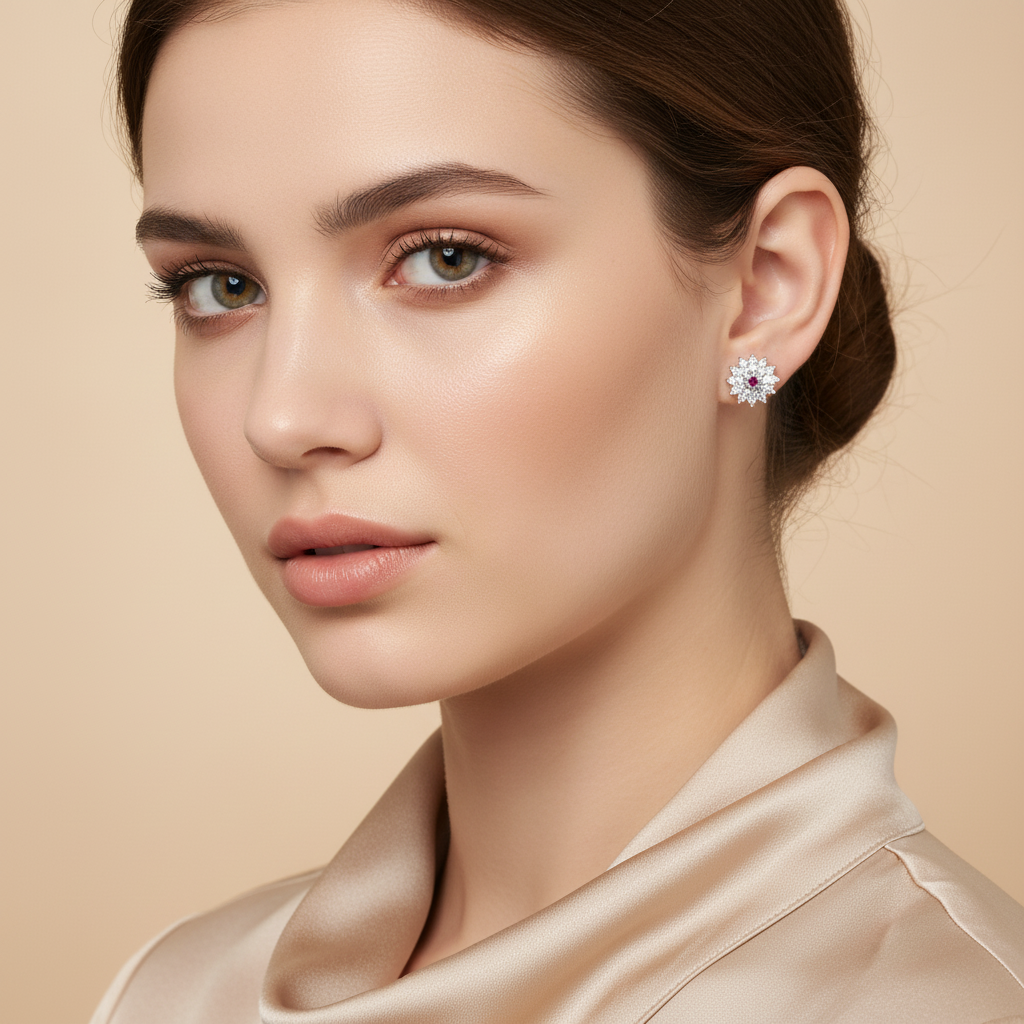 Ruby Bloom Stud Silver Earrings for womens – Pure 925 Silver - Image 2